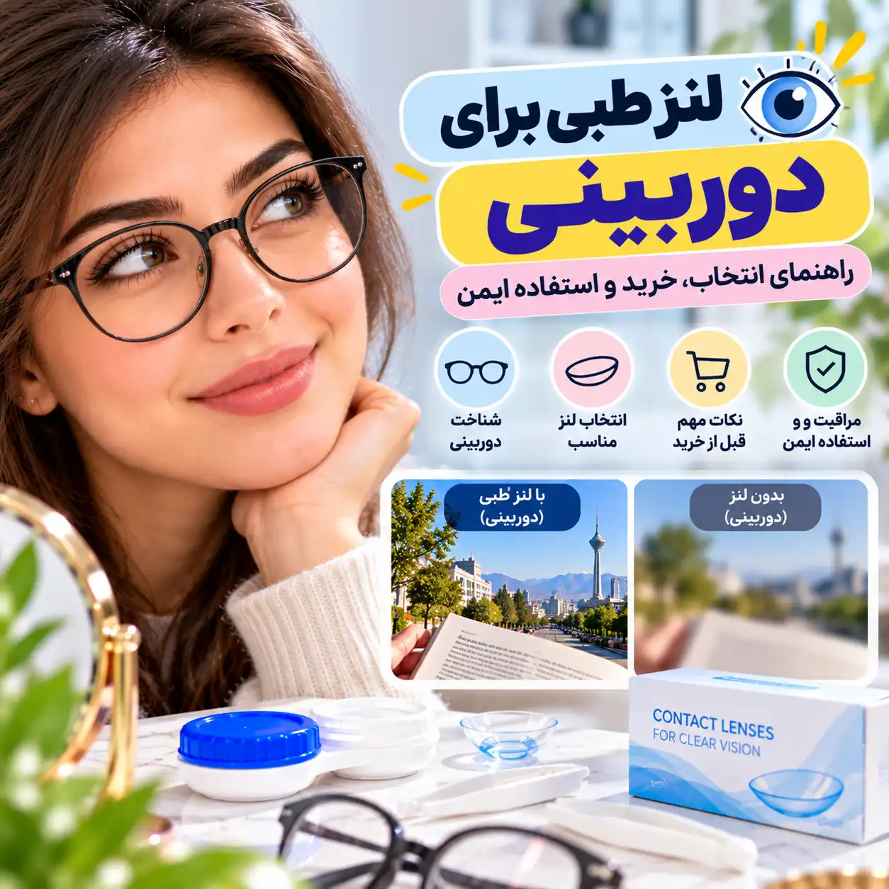 لنز طبی برای دوربینی؛ راهنمای انتخاب، خرید و استفاده ایمن 👁️